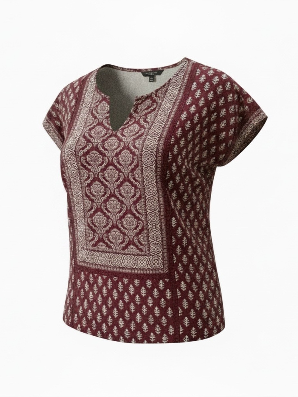 Lucky Brand Maroon Printed V-Neck Dolman Sleeve Tunic. Size Large